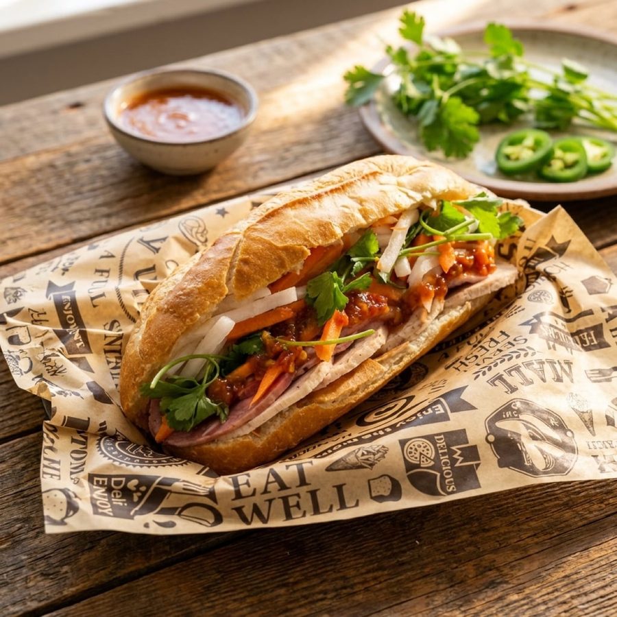Bánh mì sandwich with pickled vegetables and cilantro